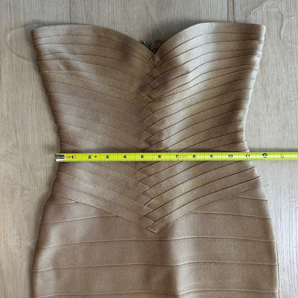House of cb THE SWEETHEART Gold Shimmer Strapless V Waist Bandage Maxi Dress - Picture 9 of 10